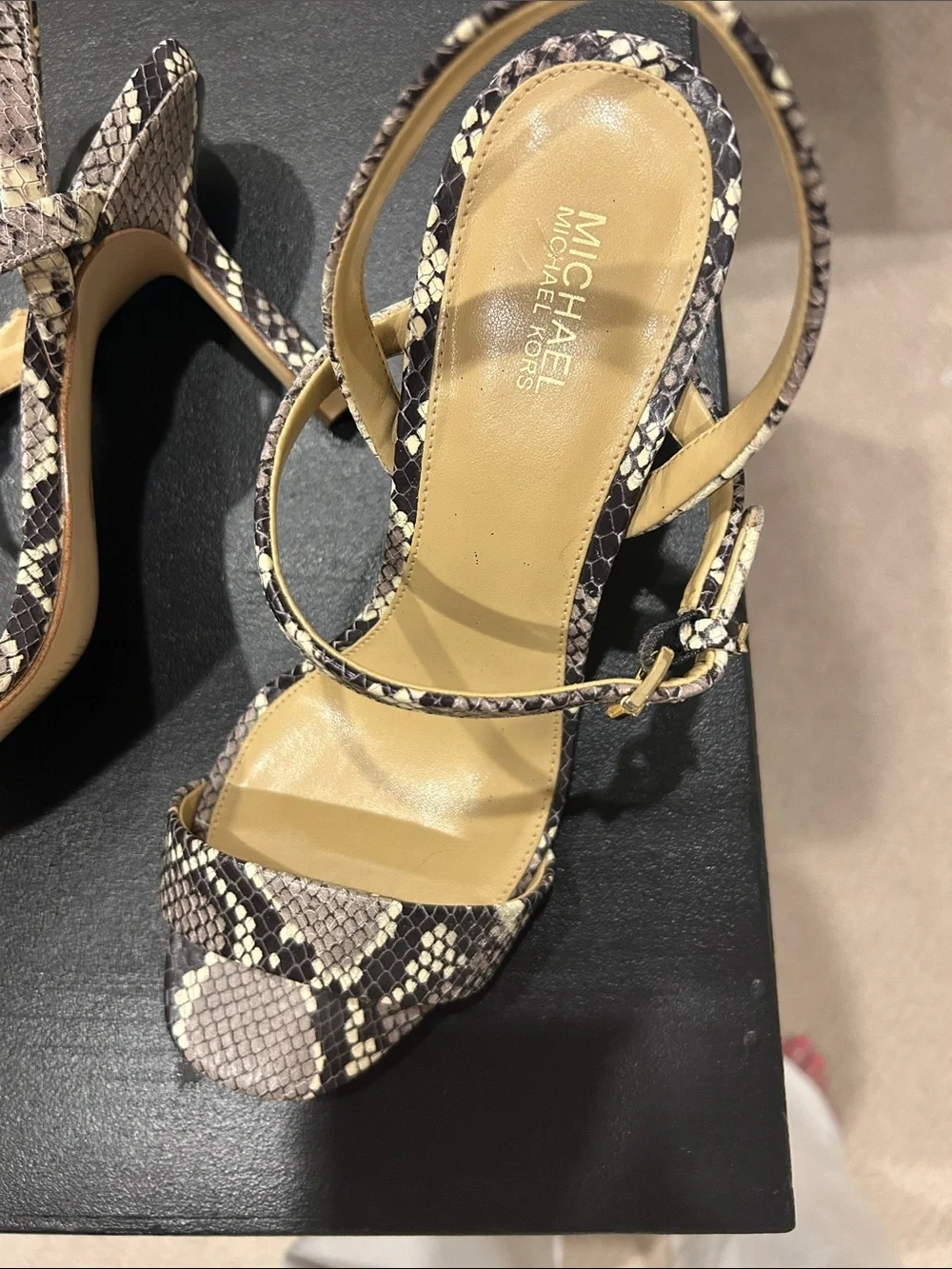 Michael Kors Snake-Print Strappy Heels in Beige and Black